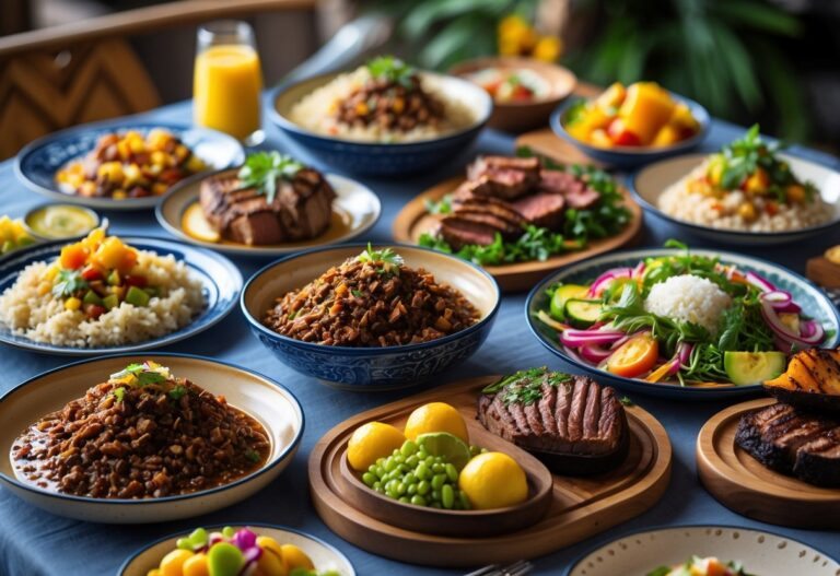 Mesa com diversos pratos tradicionais brasileiros, incluindo feijoada, arroz, farofa, saladas frescas, carnes grelhadas e frutas coloridas.