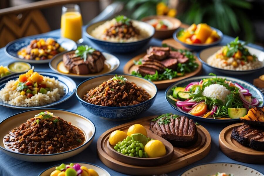 Mesa com diversos pratos tradicionais brasileiros, incluindo feijoada, arroz, farofa, saladas frescas, carnes grelhadas e frutas coloridas.