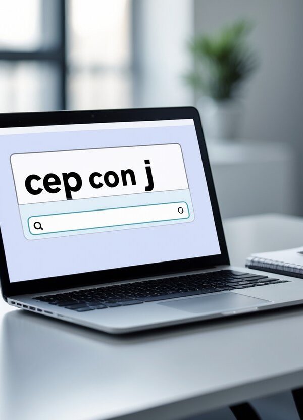 Mesa de escritório moderna com laptop exibindo uma interface digital relacionada a códigos postais, xícara de café e caderno sobre a mesa.