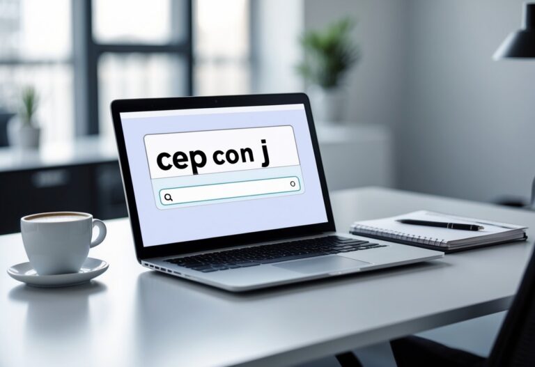 Mesa de escritório moderna com laptop exibindo uma interface digital relacionada a códigos postais, xícara de café e caderno sobre a mesa.