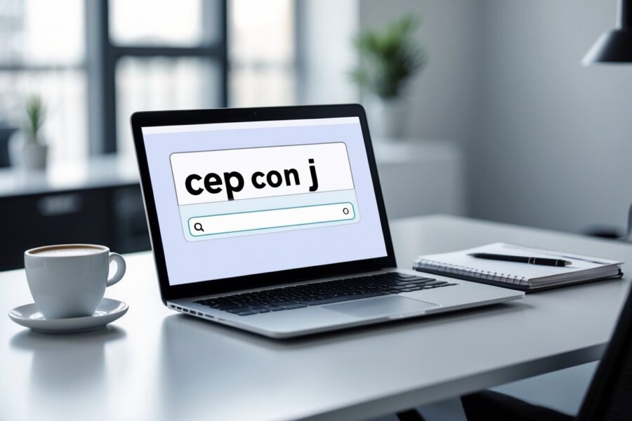 Mesa de escritório moderna com laptop exibindo uma interface digital relacionada a códigos postais, xícara de café e caderno sobre a mesa.