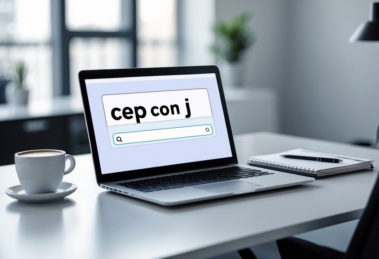 Mesa de escritório moderna com laptop exibindo uma interface digital relacionada a códigos postais, xícara de café e caderno sobre a mesa.