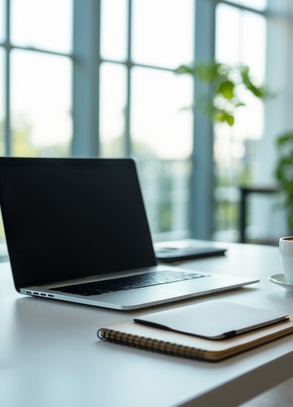 Mesa de escritório moderna com laptop, smartphone, caderno e xícara de café perto de uma janela grande com luz natural.