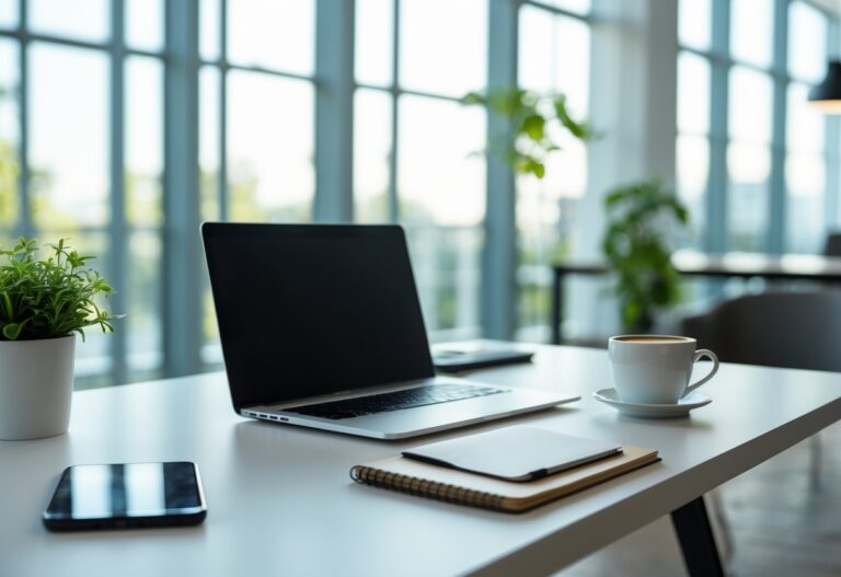 Mesa de escritório moderna com laptop, smartphone, caderno e xícara de café perto de uma janela grande com luz natural.