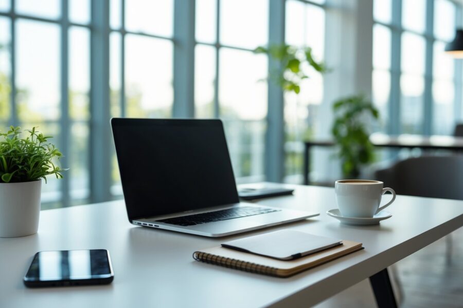 Mesa de escritório moderna com laptop, smartphone, caderno e xícara de café perto de uma janela grande com luz natural.