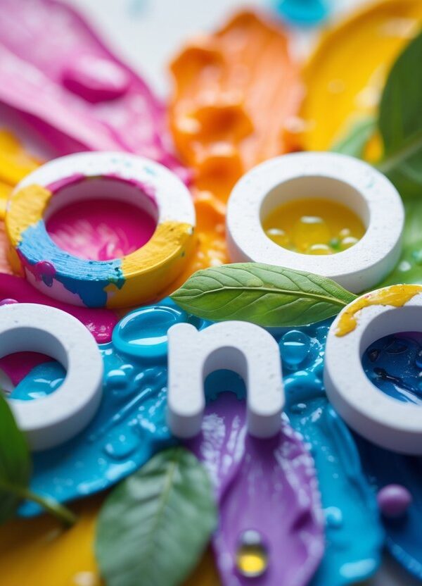 Pinceladas coloridas misturando-se com elementos naturais como folhas e gotas d'água.