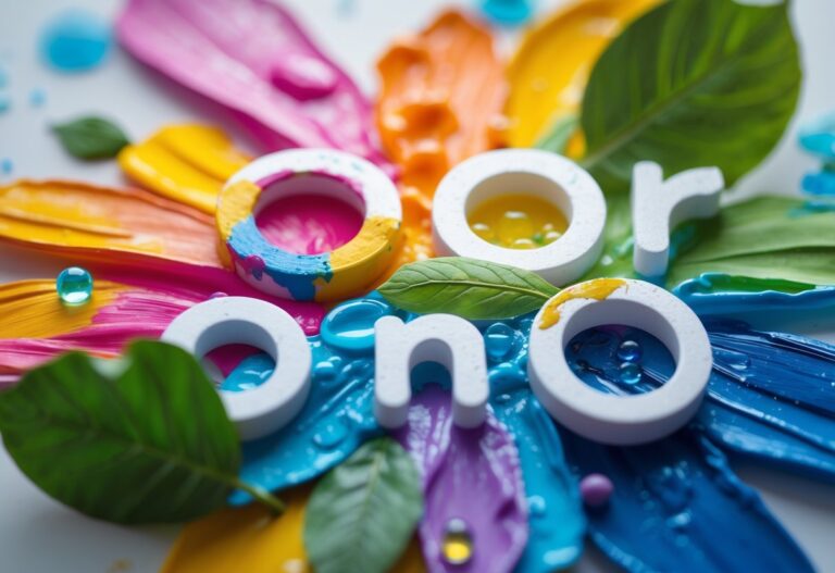 Pinceladas coloridas misturando-se com elementos naturais como folhas e gotas d'água.