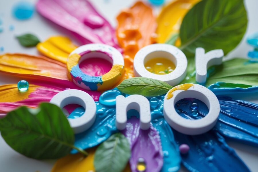 Pinceladas coloridas misturando-se com elementos naturais como folhas e gotas d'água.