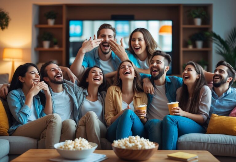 Grupo de amigos rindo juntos em uma sala aconchegante enquanto assistem a um filme de comédia na TV.