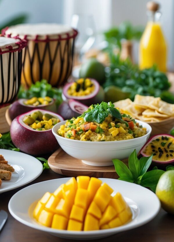 Mesa com pratos variados da culinária brasileira começando com a letra Z, incluindo sobremesa e petiscos, em ambiente acolhedor.