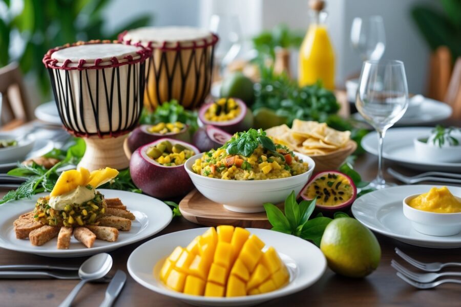 Mesa com pratos variados da culinária brasileira começando com a letra Z, incluindo sobremesa e petiscos, em ambiente acolhedor.