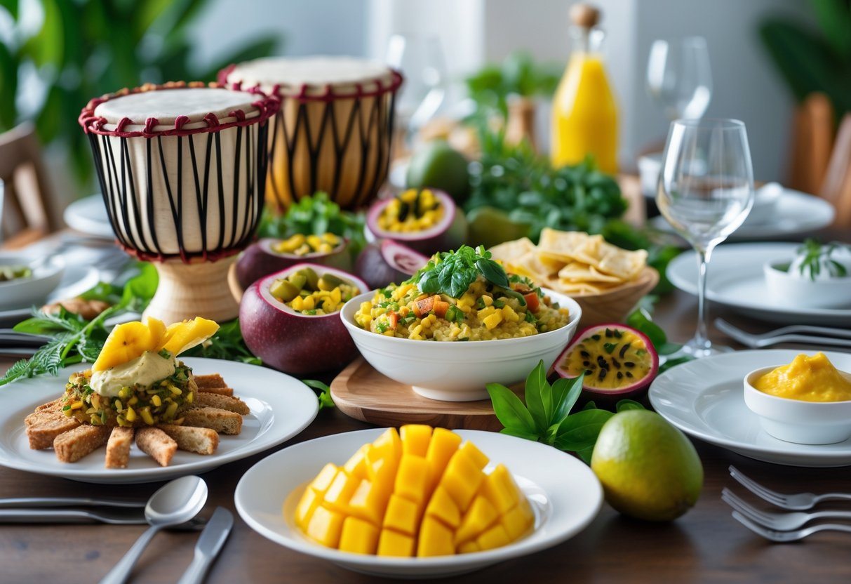 Mesa com pratos variados da culinária brasileira começando com a letra Z, incluindo sobremesa e petiscos, em ambiente acolhedor.