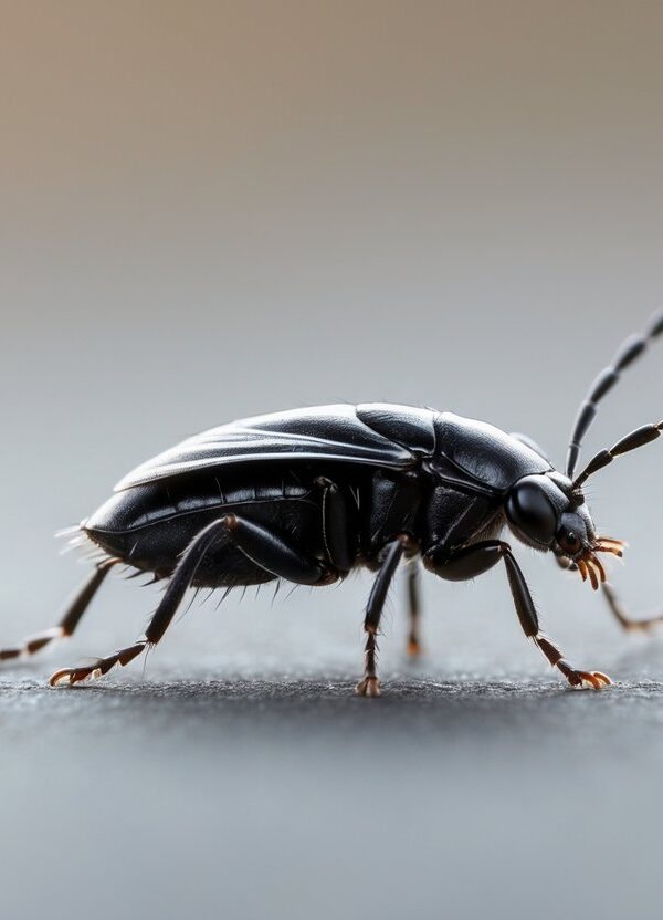 Inseto pequeno e preto parecido com uma pulga em fundo neutro desfocado.