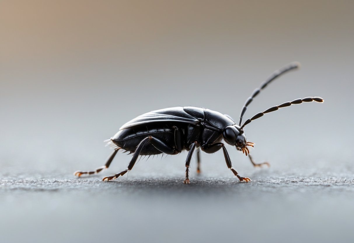 Inseto pequeno e preto parecido com uma pulga em fundo neutro desfocado.