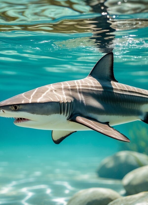 Um tubarão de água doce nadando em um rio ou lago claro, cercado por plantas aquáticas e pedras.