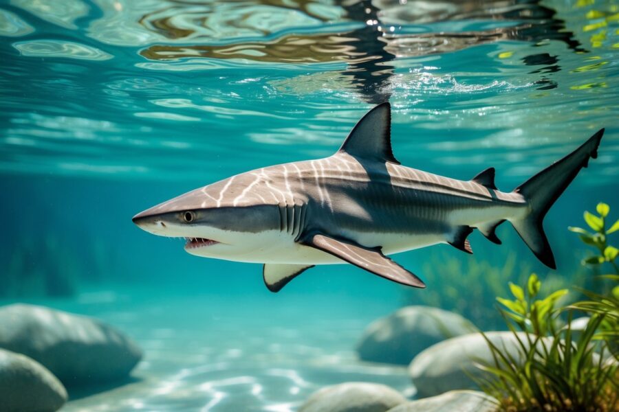 Um tubarão de água doce nadando em um rio ou lago claro, cercado por plantas aquáticas e pedras.