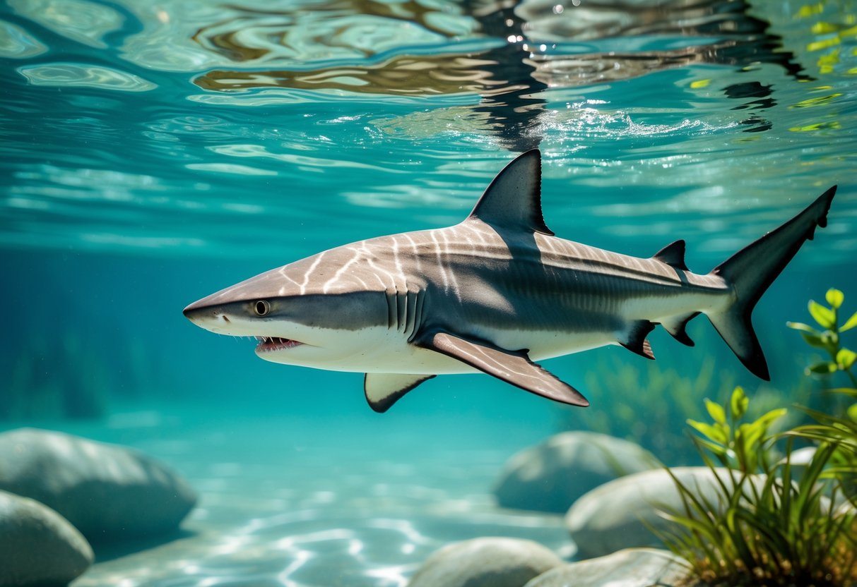 Um tubarão de água doce nadando em um rio ou lago claro, cercado por plantas aquáticas e pedras.