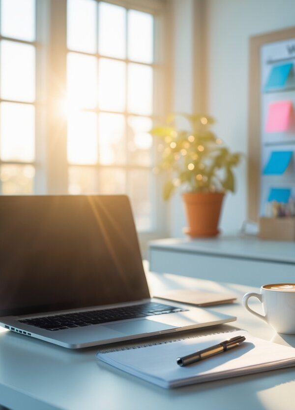 Mesa de escritório moderna com laptop, caderno, caneca de café e planta, iluminada pela luz natural de uma janela grande.
