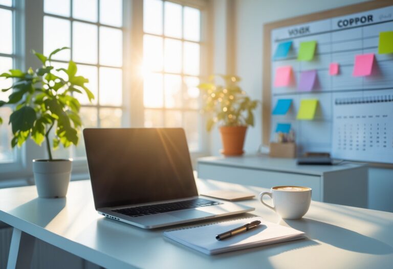 Mesa de escritório moderna com laptop, caderno, caneca de café e planta, iluminada pela luz natural de uma janela grande.