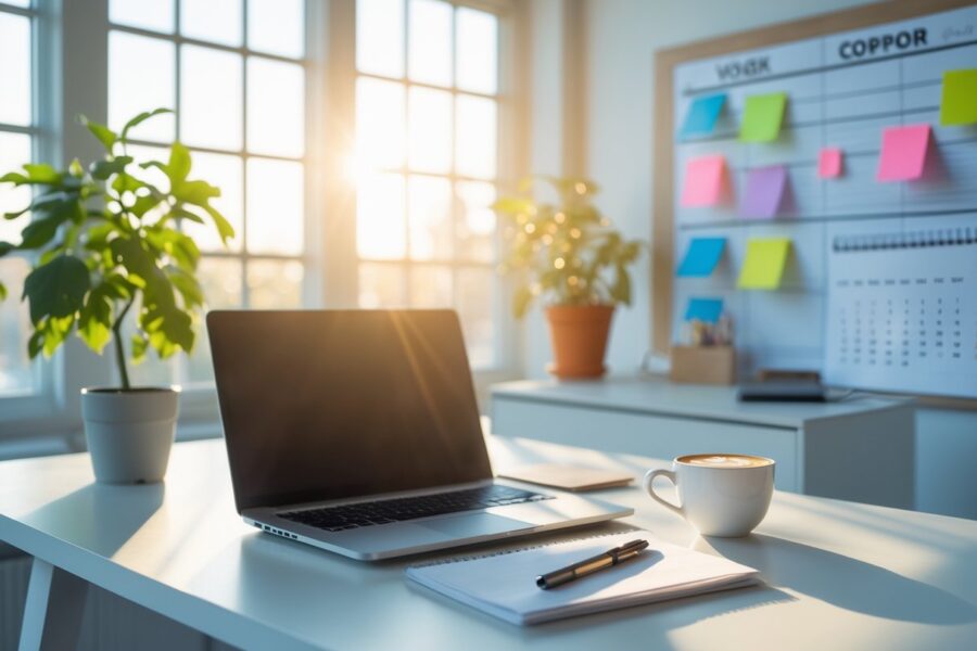 Mesa de escritório moderna com laptop, caderno, caneca de café e planta, iluminada pela luz natural de uma janela grande.