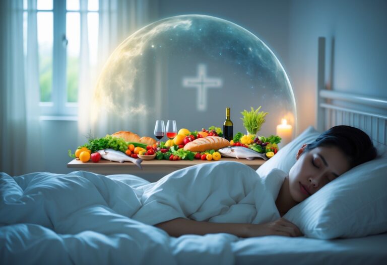 Pessoa dormindo tranquilamente em um quarto iluminado, com uma mesa cheia de alimentos variados em uma sobreposição de sonho acima dela.