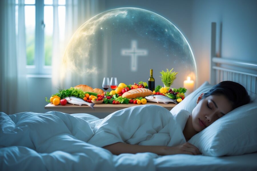 Pessoa dormindo tranquilamente em um quarto iluminado, com uma mesa cheia de alimentos variados em uma sobreposição de sonho acima dela.