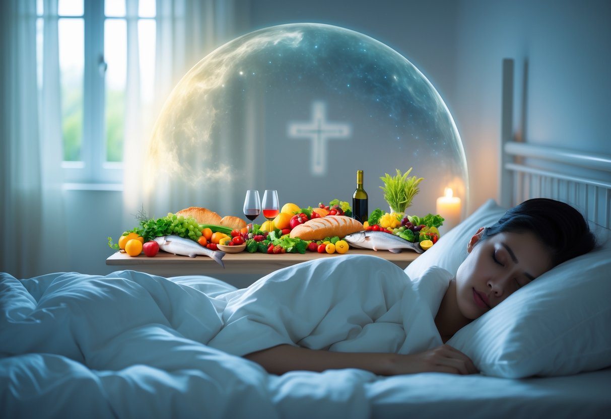 Pessoa dormindo tranquilamente em um quarto iluminado, com uma mesa cheia de alimentos variados em uma sobreposição de sonho acima dela.