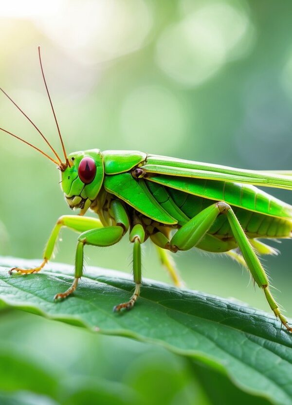 Um grilo verde em close sobre uma folha verde em um ambiente natural ao ar livre.