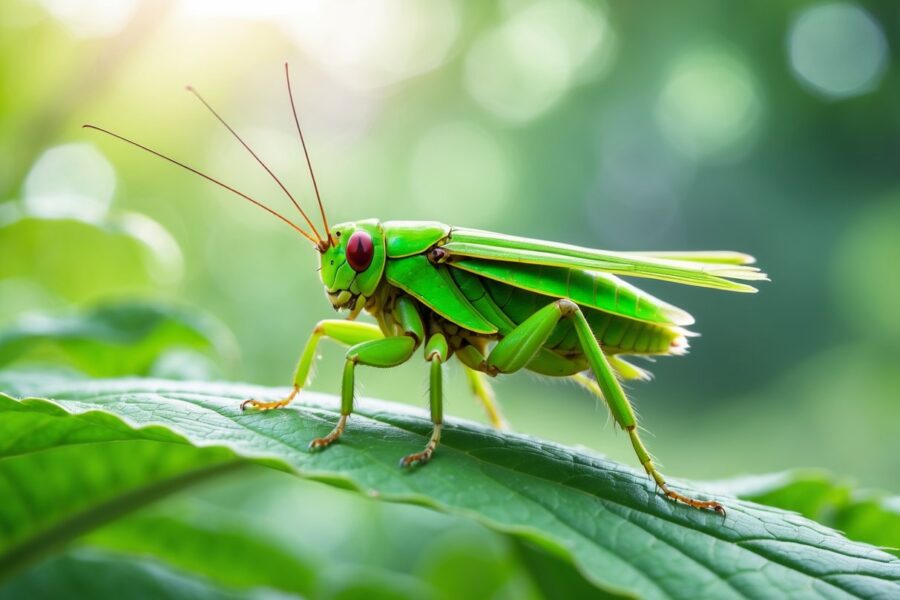 Um grilo verde em close sobre uma folha verde em um ambiente natural ao ar livre.