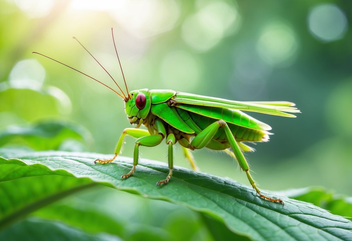 Um grilo verde em close sobre uma folha verde em um ambiente natural ao ar livre.