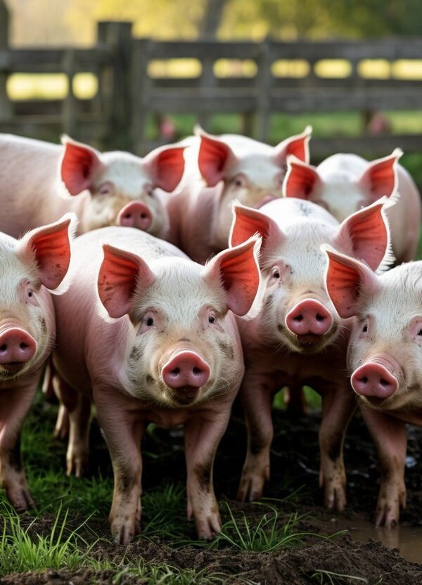 Um grupo de porcos juntos em uma área externa de fazenda com grama e cercas de madeira ao fundo.