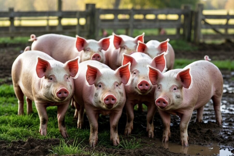 Um grupo de porcos juntos em uma área externa de fazenda com grama e cercas de madeira ao fundo.
