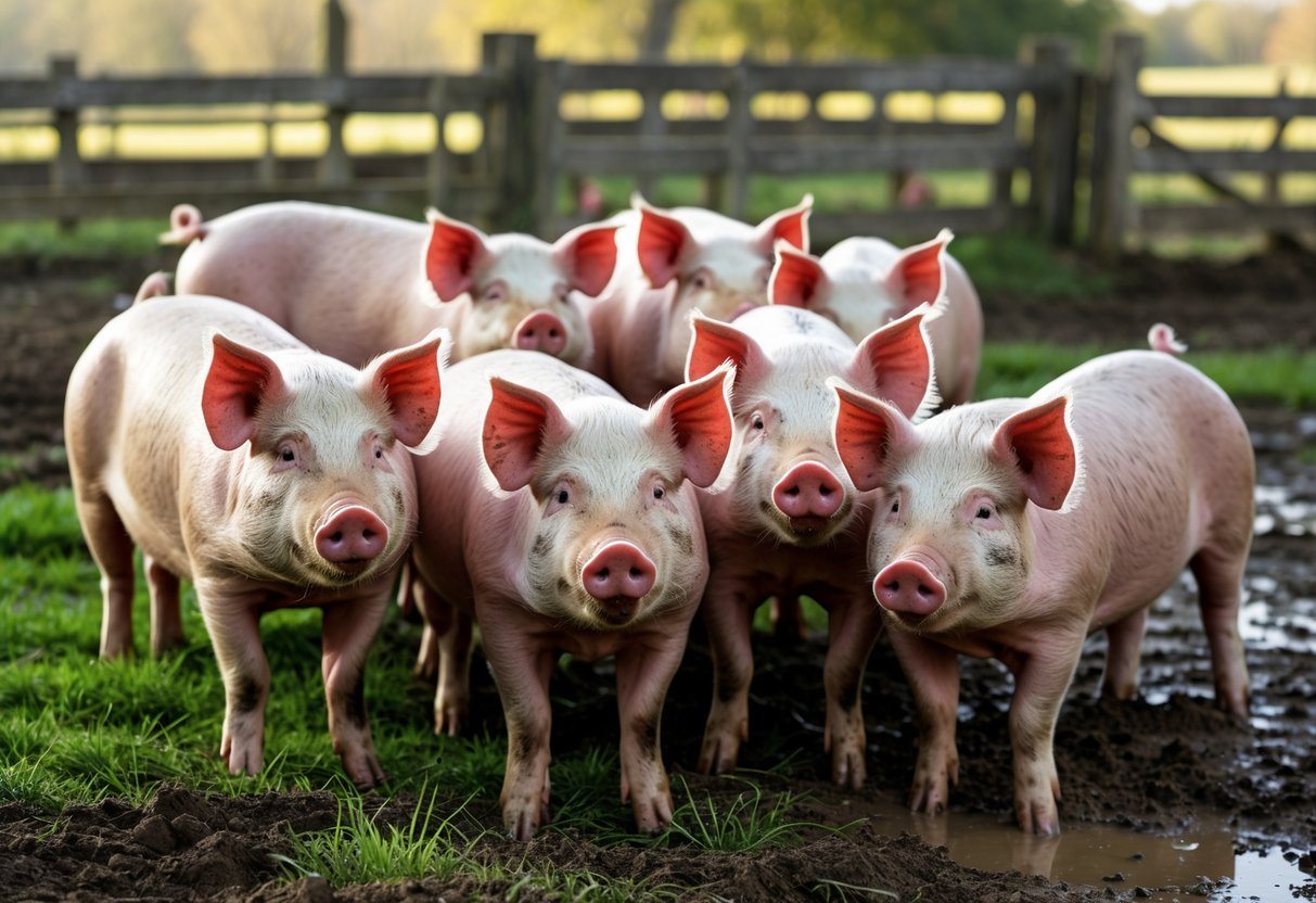 Um grupo de porcos juntos em uma área externa de fazenda com grama e cercas de madeira ao fundo.