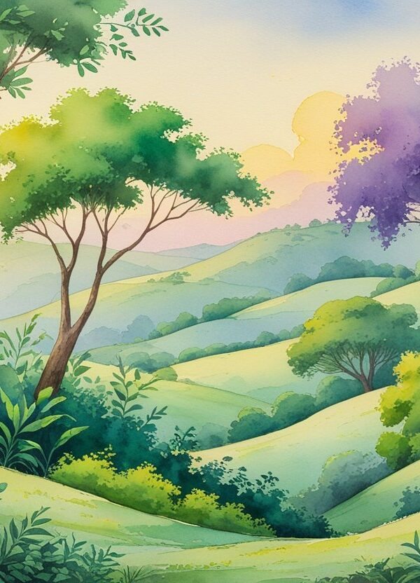 Uma paisagem brasileira serena com árvores e plantas nativas, colinas suaves ao fundo e um céu colorido ao amanhecer ou entardecer.