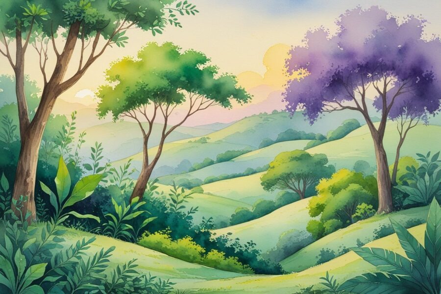 Uma paisagem brasileira serena com árvores e plantas nativas, colinas suaves ao fundo e um céu colorido ao amanhecer ou entardecer.