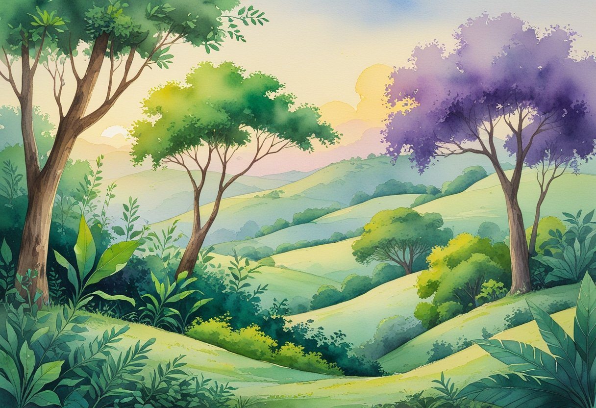 Uma paisagem brasileira serena com árvores e plantas nativas, colinas suaves ao fundo e um céu colorido ao amanhecer ou entardecer.