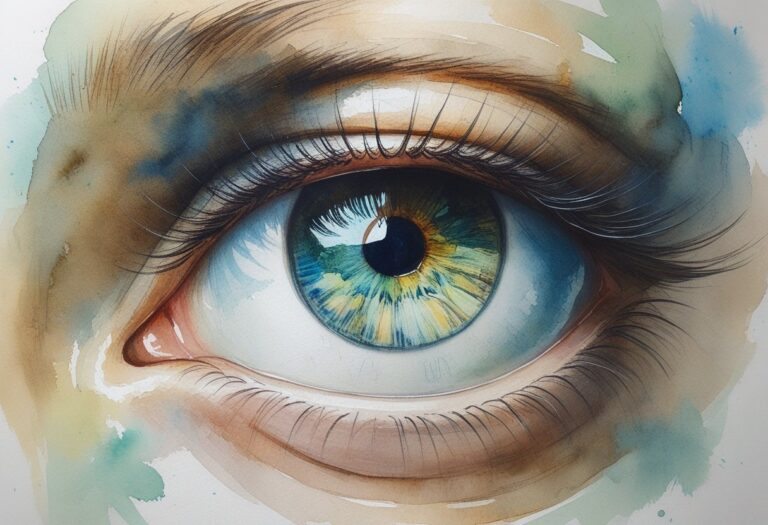 Um close-up detalhado de um olho humano com cores suaves e realistas, mostrando a íris, pupila e cílios.