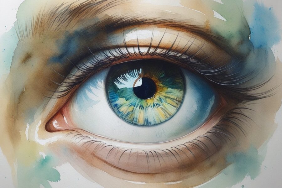 Um close-up detalhado de um olho humano com cores suaves e realistas, mostrando a íris, pupila e cílios.