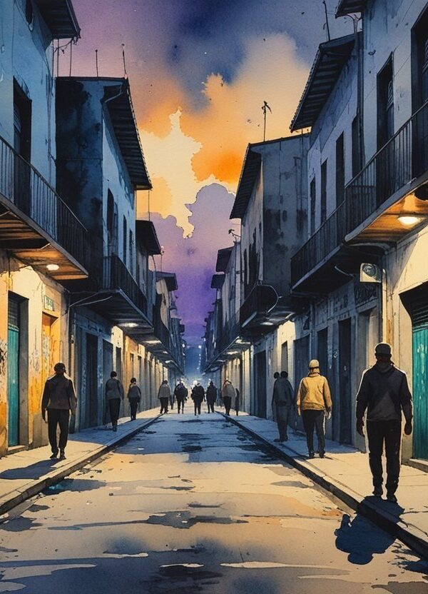 Cena urbana ao entardecer com ruas estreitas e prédios desgastados, algumas pessoas andando ou em grupos pequenos, transmitindo uma atmosfera tensa e perigosa.