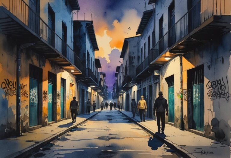 Cena urbana ao entardecer com ruas estreitas e prédios desgastados, algumas pessoas andando ou em grupos pequenos, transmitindo uma atmosfera tensa e perigosa.