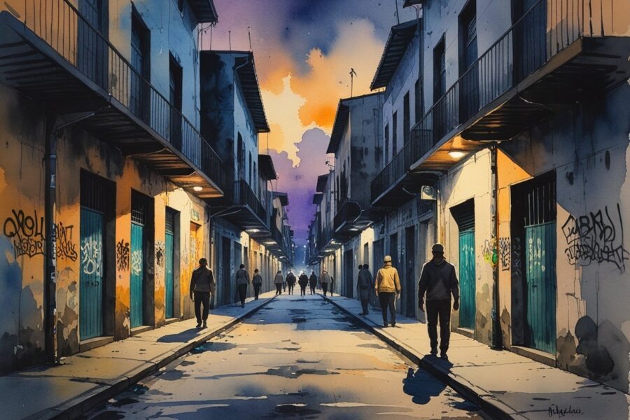 Cena urbana ao entardecer com ruas estreitas e prédios desgastados, algumas pessoas andando ou em grupos pequenos, transmitindo uma atmosfera tensa e perigosa.