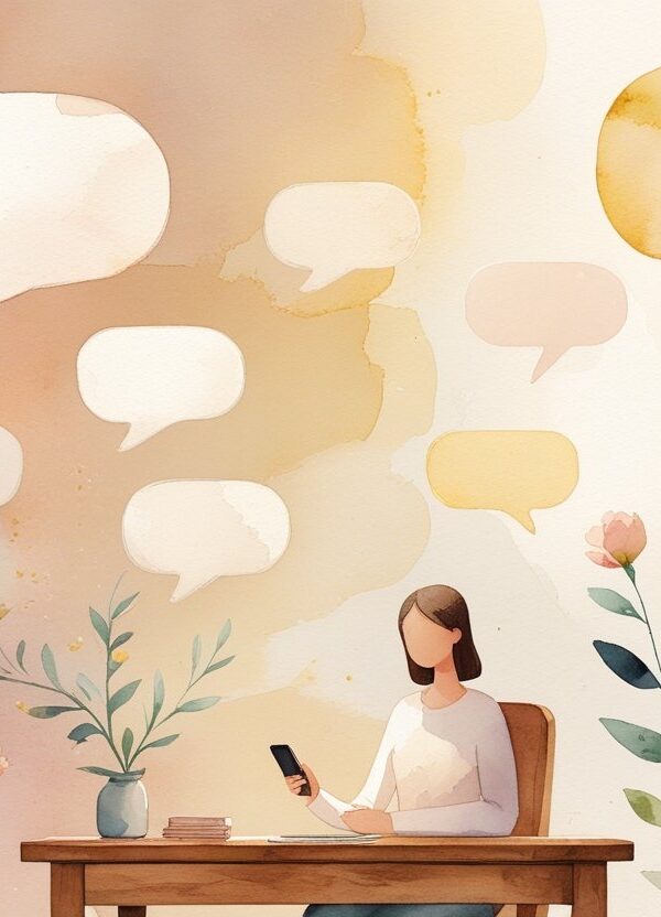 Pessoa sentada em uma sala iluminada, segurando um celular, com formas abstratas suaves ao redor que sugerem uma conversa se encerrando de forma tranquila e respeitosa.