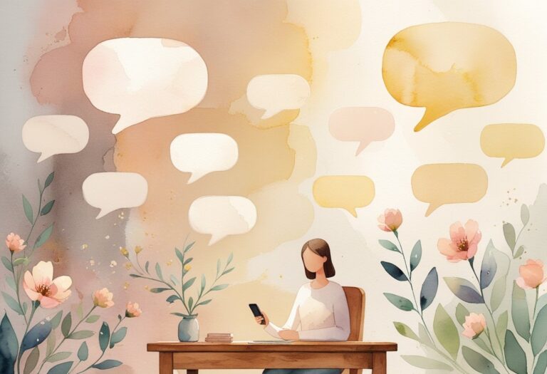 Pessoa sentada em uma sala iluminada, segurando um celular, com formas abstratas suaves ao redor que sugerem uma conversa se encerrando de forma tranquila e respeitosa.