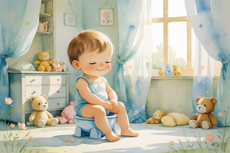 Criança sentada em um penico em um quarto aconchegante, cercada por brinquedos e luz suave.