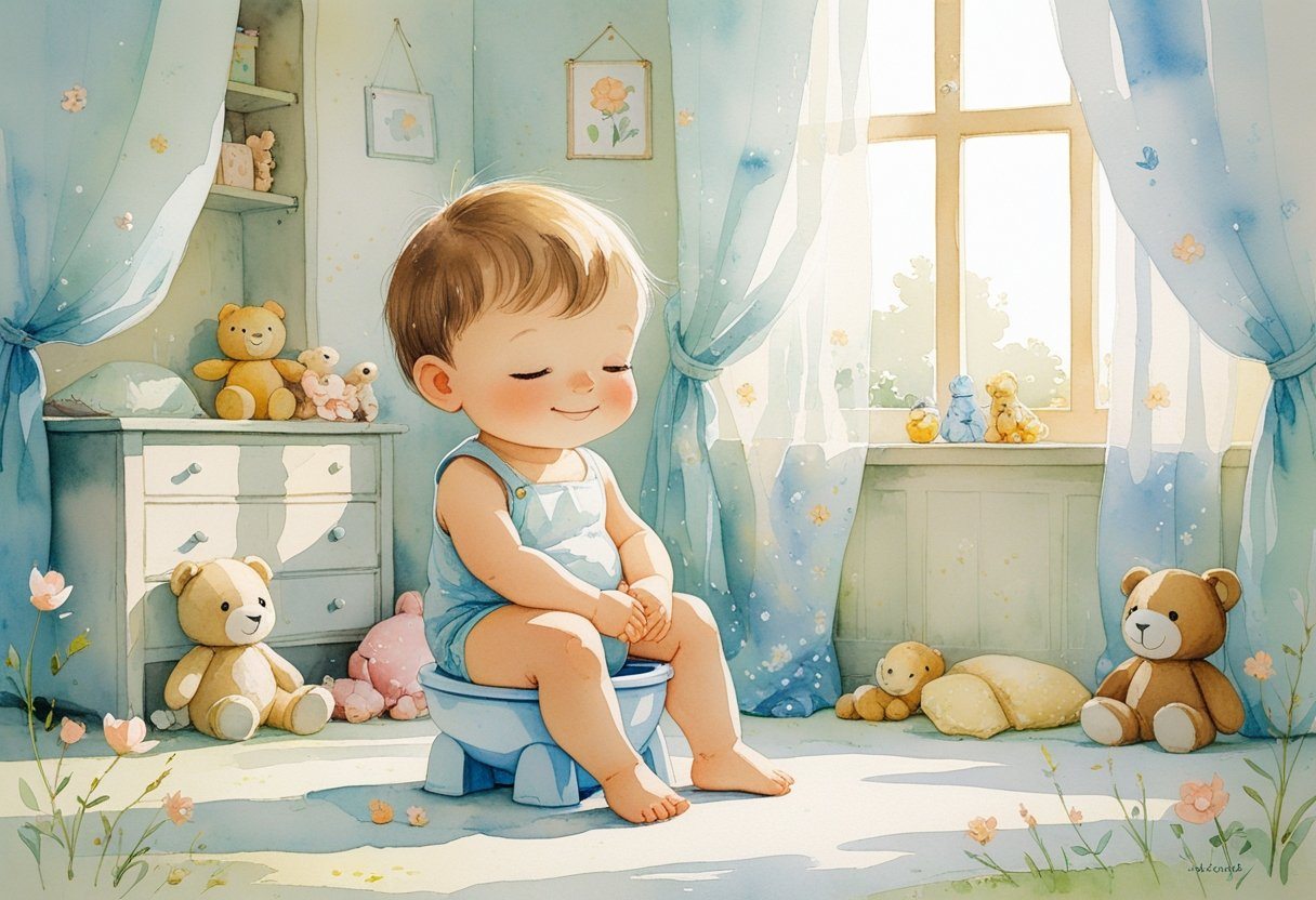 Criança sentada em um penico em um quarto aconchegante, cercada por brinquedos e luz suave.