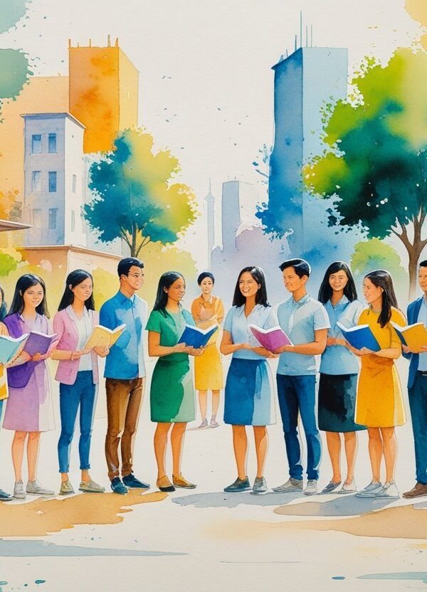 Grupo diverso de pessoas de diferentes idades e etnias reunidas ao ar livre, interagindo e compartilhando atividades em uma comunidade.