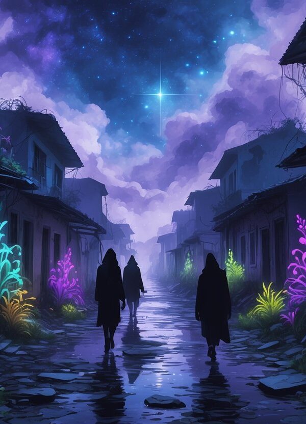 Rua estreita com casas antigas e deterioradas, envolta em névoa, com plantas luminosas e figuras sombrias se movendo entre as construções.