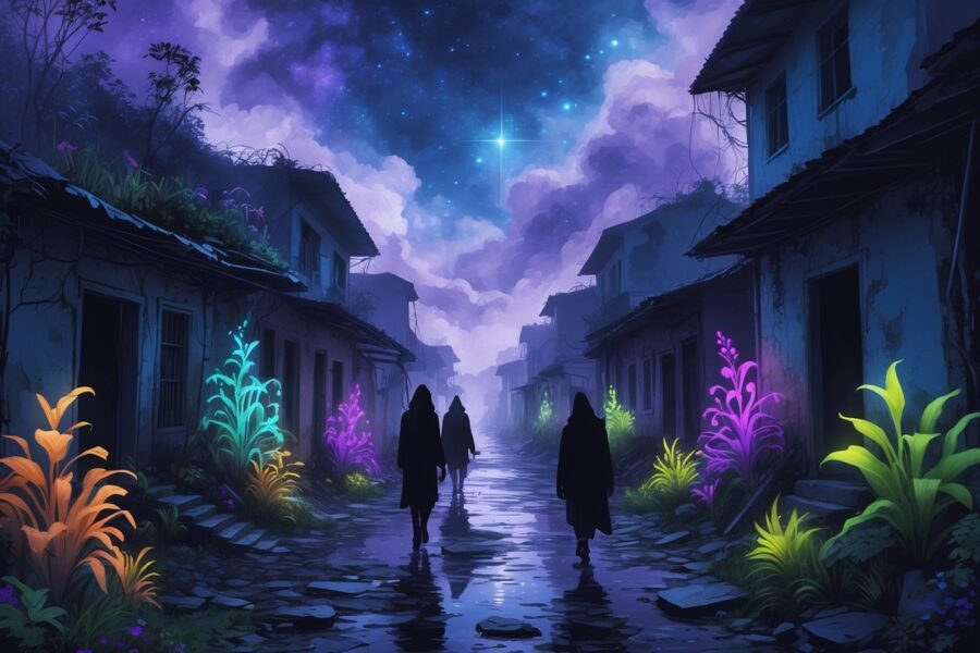 Rua estreita com casas antigas e deterioradas, envolta em névoa, com plantas luminosas e figuras sombrias se movendo entre as construções.