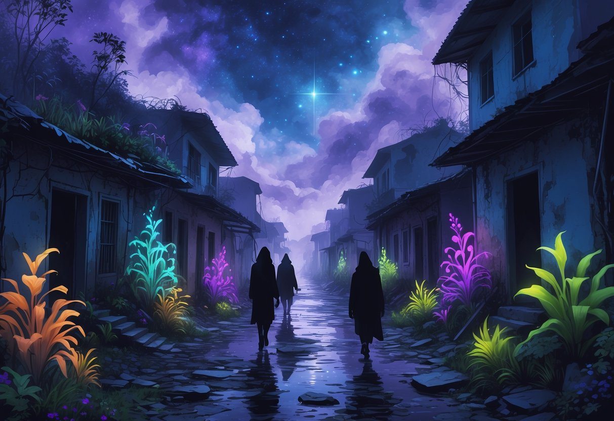 Rua estreita com casas antigas e deterioradas, envolta em névoa, com plantas luminosas e figuras sombrias se movendo entre as construções.