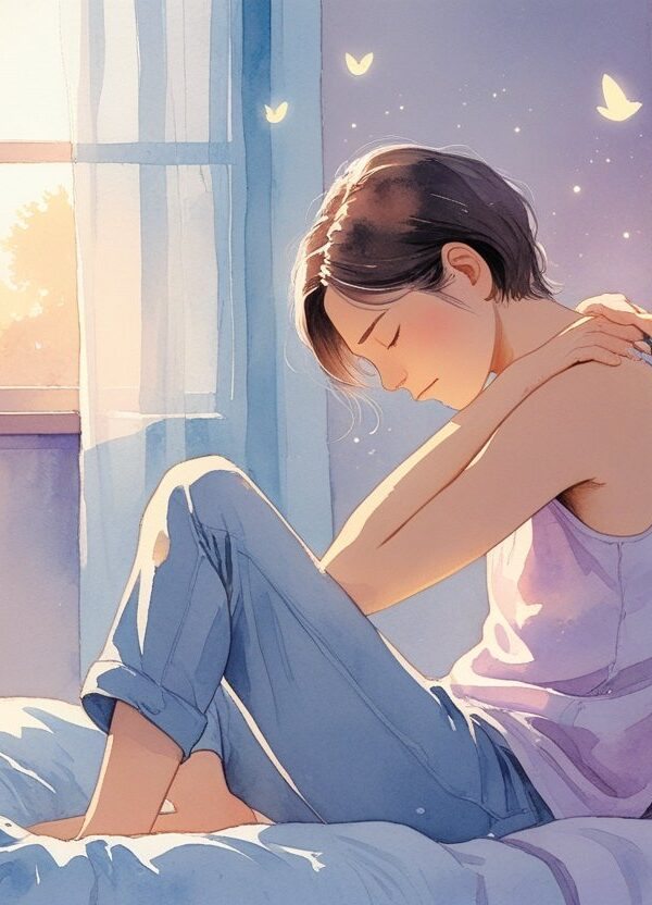 Pessoa sentada na beira da cama ao amanhecer, segurando o ombro com expressão de desconforto, com luz suave entrando pela janela e formas etéreas ao redor que sugerem uma conexão espiritual.